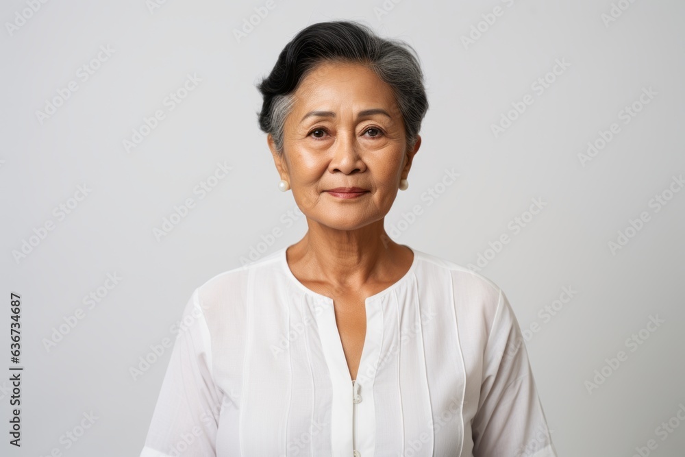 Portrait of mature Asian woman in white blouse against white background Portrait of mature Asian woman in white blouse against white background
