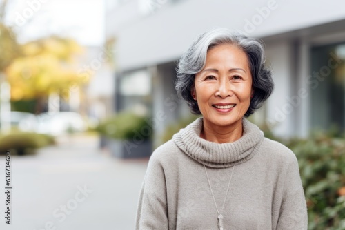 Portrait of smiling senior Asian woman standing in front of office building