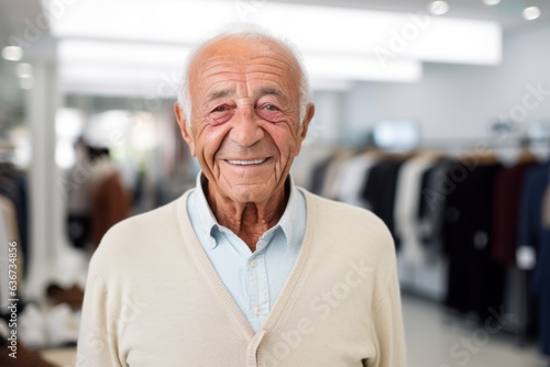 Portrait of happy senior man smiling at camera in clothing store during shopping