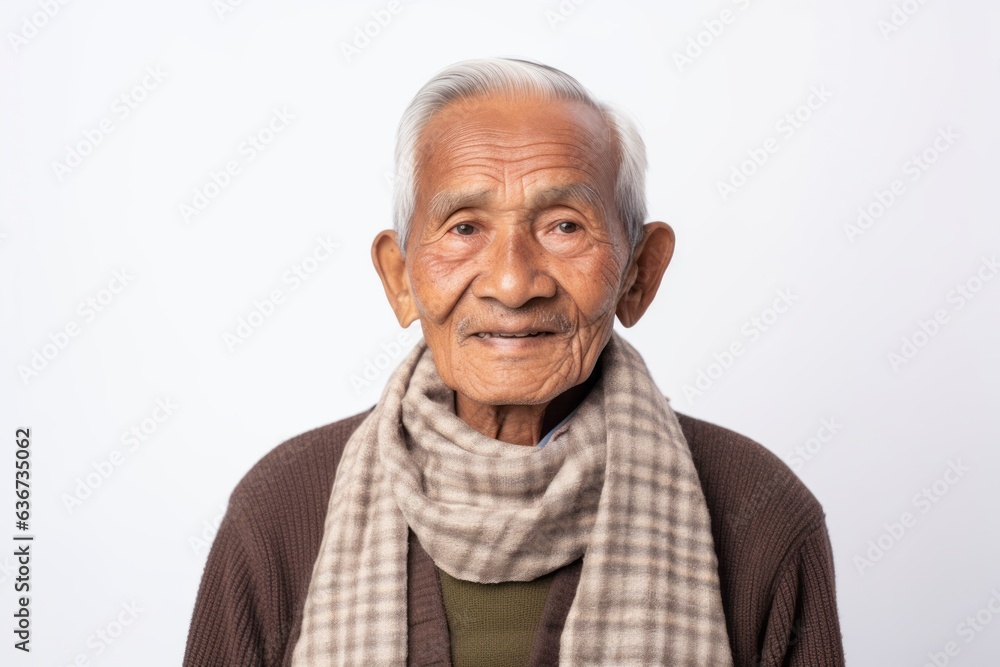 Portrait of an old Asian man with scarf on white background. Portrait of an old Asian man with scarf on white background.