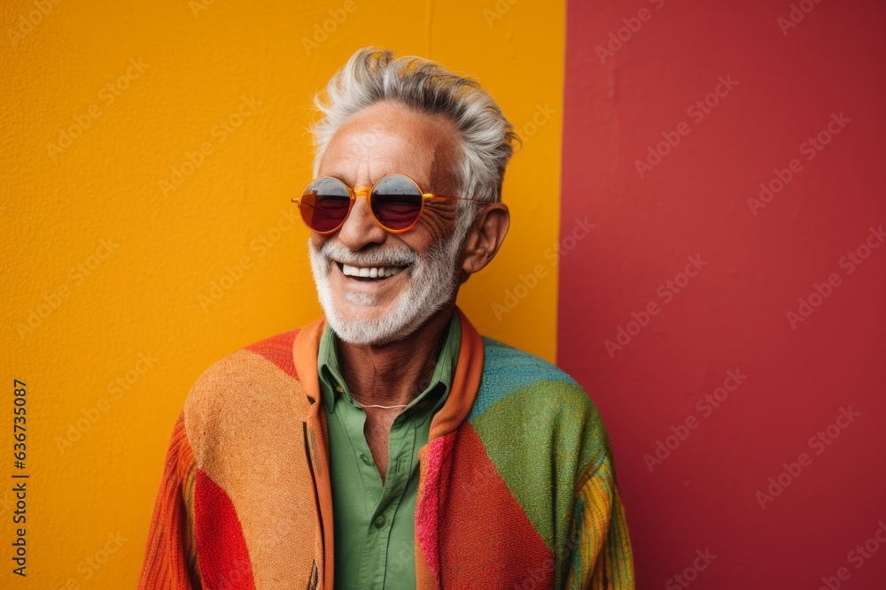 Portrait of a smiling senior man wearing sunglasses standing against colorful wall