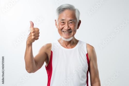 Happy asian old man wearing sportswear and showing thumb up.