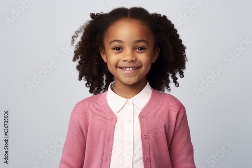 Portrait of cute little African-American girl smiling at camera, over gray background © Hanne Bauer