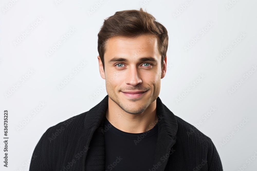 Portrait of handsome young man in black sweater, isolated on white background