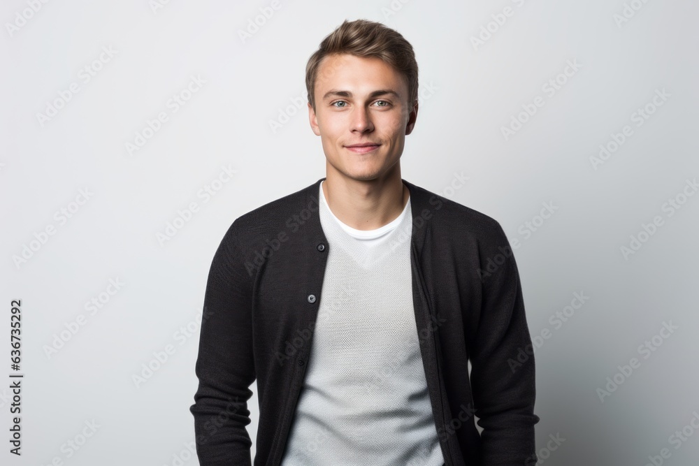 Portrait of a handsome young man in a black sweater on a white background