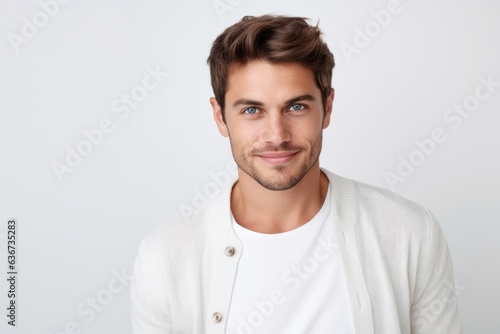 Portrait of handsome young man smiling and looking at camera over white background © Eber Braun