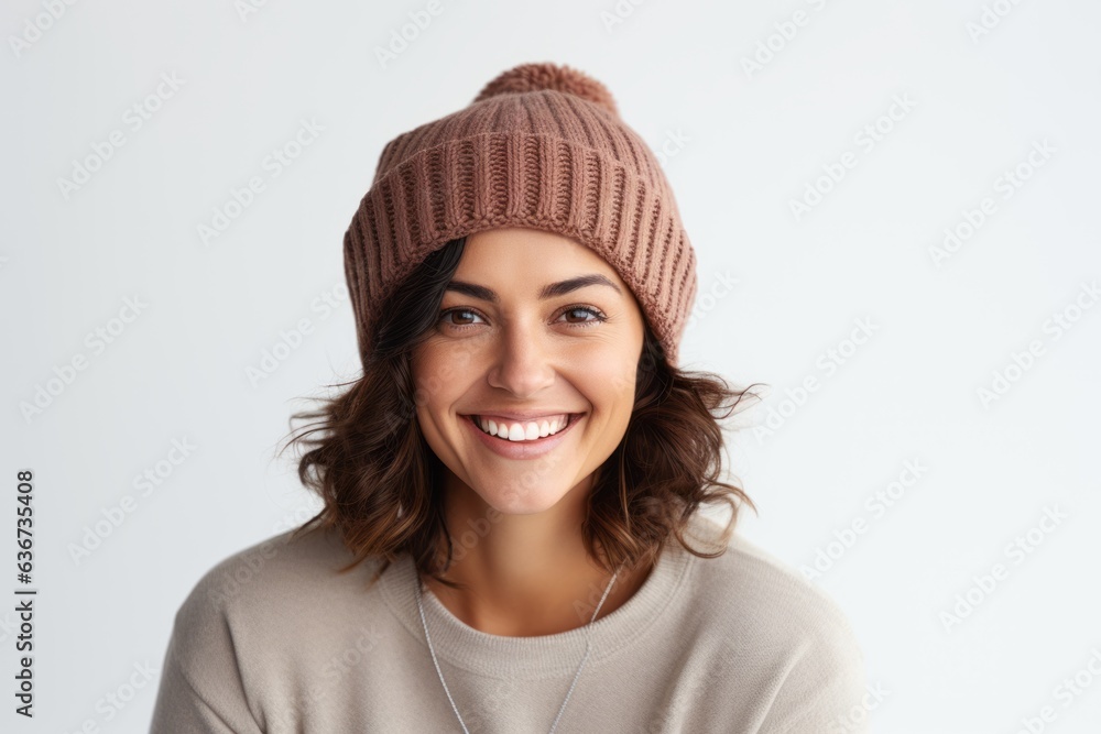 Portrait of a smiling young woman in hat and sweater looking at camera over white background Portrait of a smiling young woman in hat and sweater looking at camera over white background