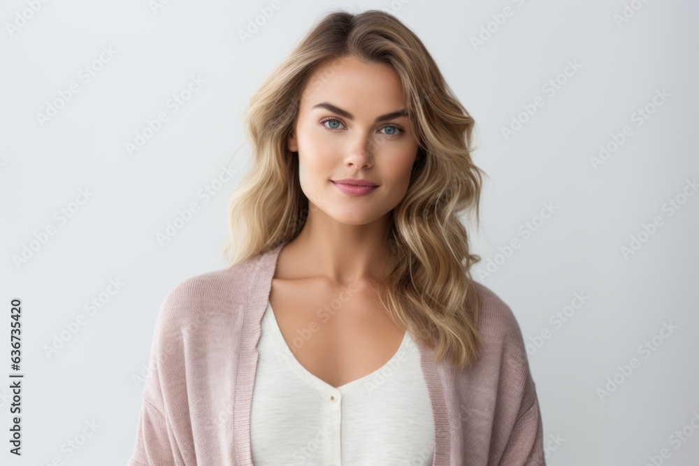 Medium shot portrait of a Russian woman in her 30s in a white background wearing a chic cardigan Medium shot portrait of a Russian woman in her 30s in a white background wearing a chic cardigan