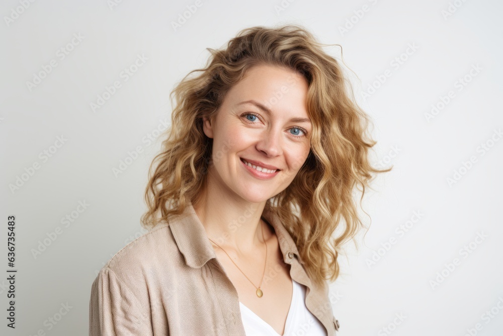 Portrait of beautiful young woman with blond curly hair on white background Portrait of beautiful young woman with blond curly hair on white background