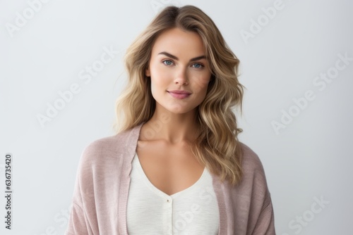 Medium shot portrait of a Russian woman in her 30s in a white background wearing a chic cardigan