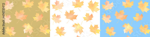 Autumn set seamless vector watercolor pattern with isolated maple leaves on blue sky. Hand drawn fall wallpaper design for cards, flyers, poster, cover, prints. Back to school. Autumn background.