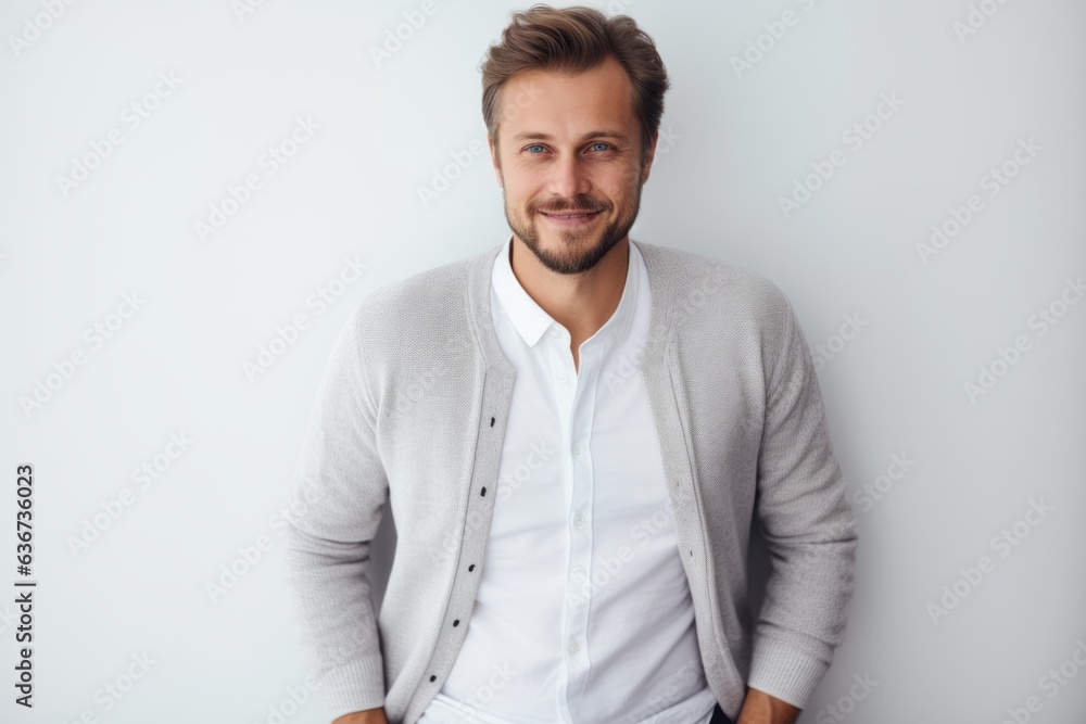 Handsome young man in casual clothes looking at camera and smiling while standing against grey background Handsome young man in casual clothes looking at camera and smiling while standing against grey background