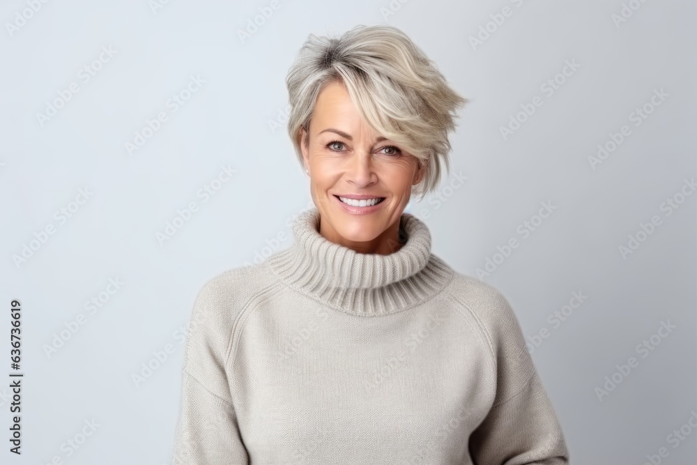 Portrait of beautiful middle-aged woman in sweater on white background Portrait of beautiful middle-aged woman in sweater on white background