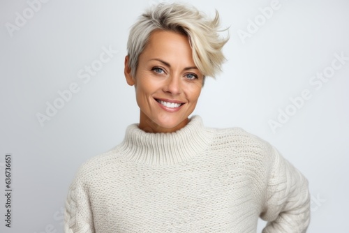 Portrait of a beautiful woman with short hair in a white sweater