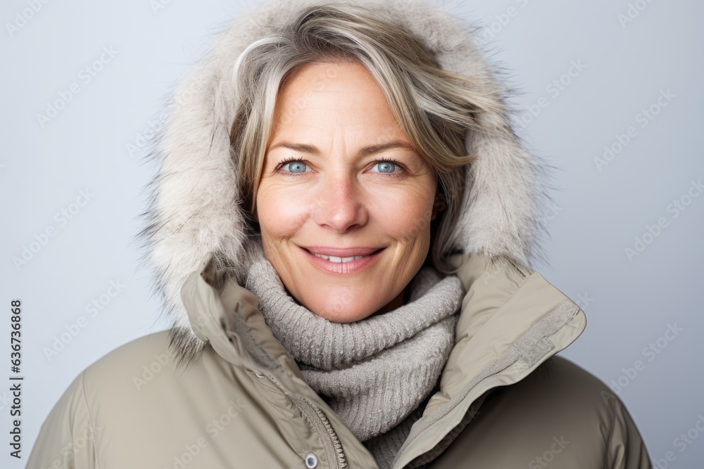Portrait of a beautiful middle aged woman in winter clothes on a gray background Portrait of a beautiful middle aged woman in winter clothes on a gray background
