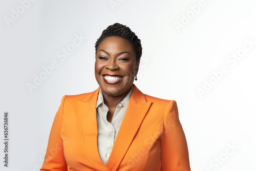 Portrait of happy african american businesswoman in orange suit