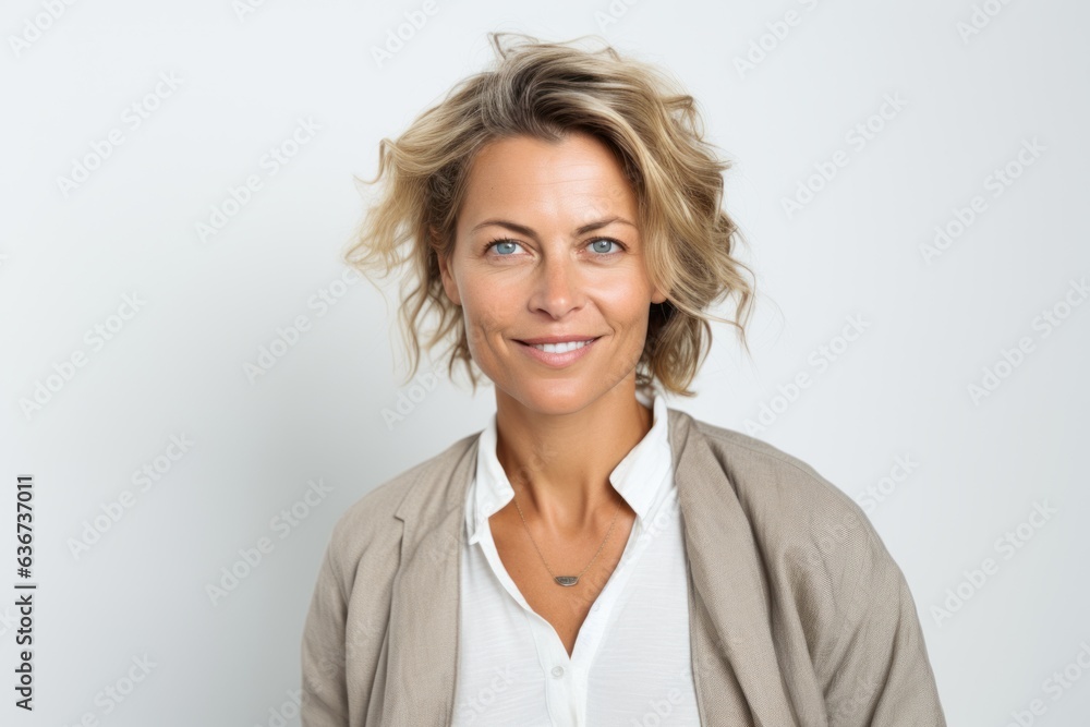 Portrait of smiling businesswoman with blond hair over white background. Portrait of smiling businesswoman with blond hair over white background.