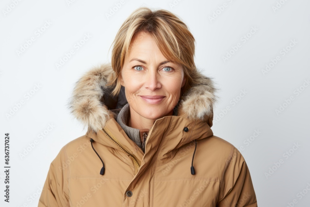 Portrait of a happy mature woman in warm winter jacket against white background Portrait of a happy mature woman in warm winter jacket against white background