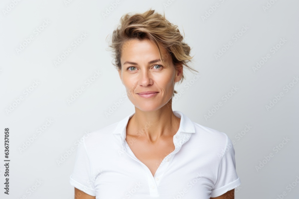Portrait of a smiling businesswoman with blond hair on white background