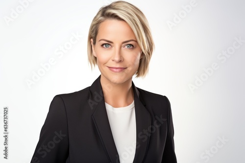 Portrait of a beautiful businesswoman in a suit on a white background