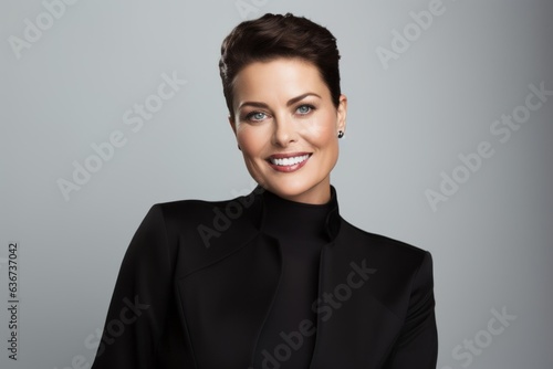 Portrait of beautiful smiling business woman in black suit, isolated on grey background