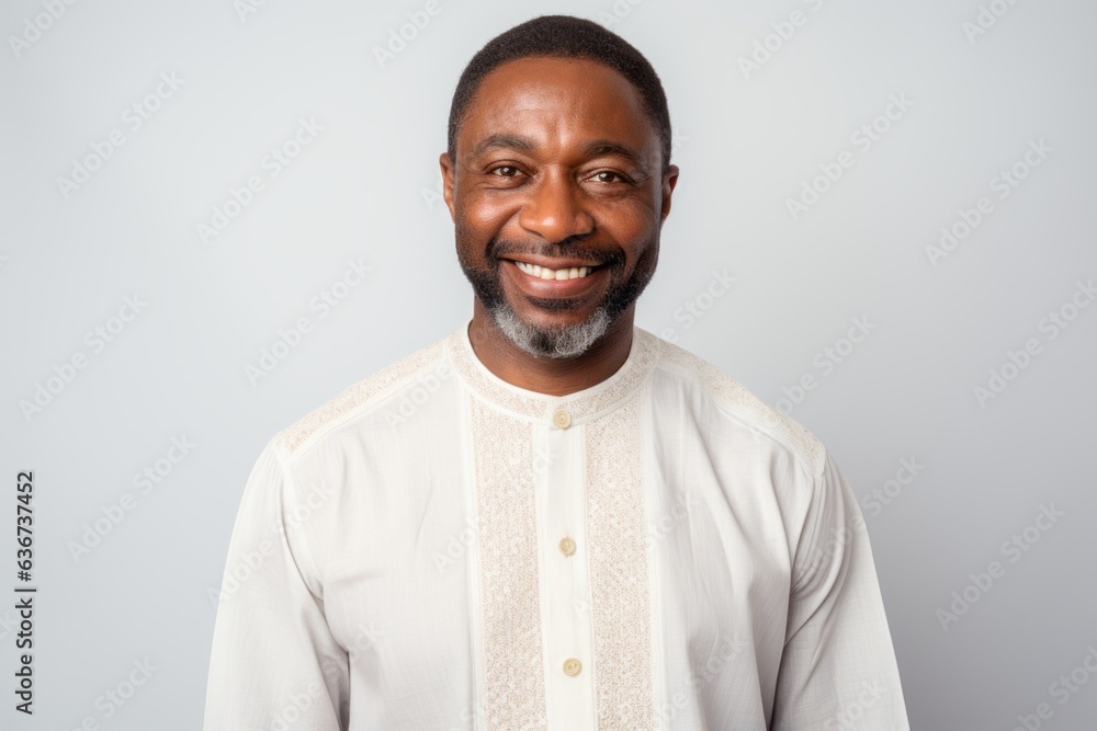 Portrait of smiling african american man in white shirt.