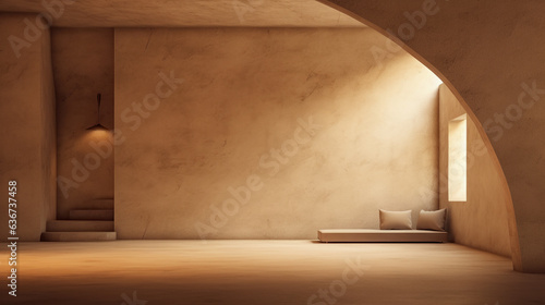 Minimalistic beige interior, raw limestone texture, textured stone background, warm color palette, 3d rendering of a room in bright sunlight. Generative AI photo