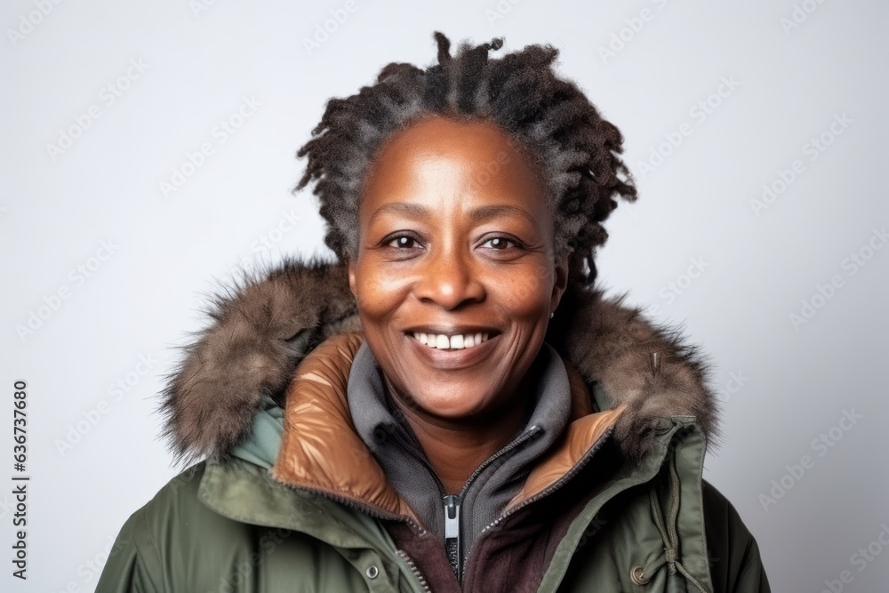 Close up portrait of a smiling african american woman in winter jacket Close up portrait of a smiling african american woman in winter jacket