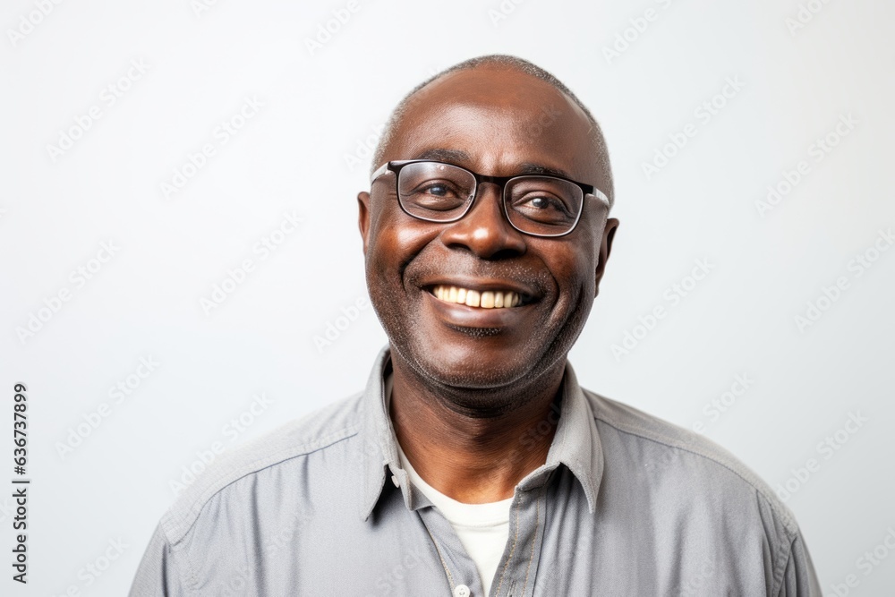 Portrait of a Nigerian man in his 50s in a white background wearing a chic cardigan Portrait of a Nigerian man in his 50s in a white background wearing a chic cardigan