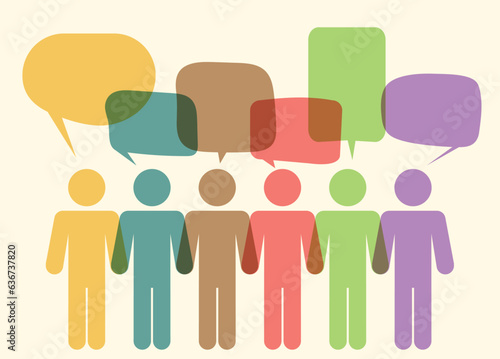 Connected jigsaw puzzle speech bubbles above talking business people - stock illustration