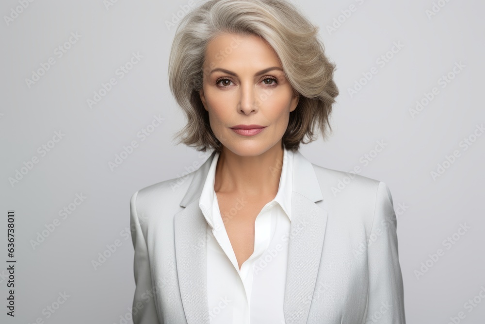 Portrait of a beautiful blonde woman in a white jacket on a gray background Portrait of a beautiful blonde woman in a white jacket on a gray background
