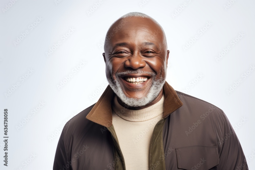 Portrait of a Nigerian man in his 50s in a white background wearing a chic cardigan Portrait of a Nigerian man in his 50s in a white background wearing a chic cardigan