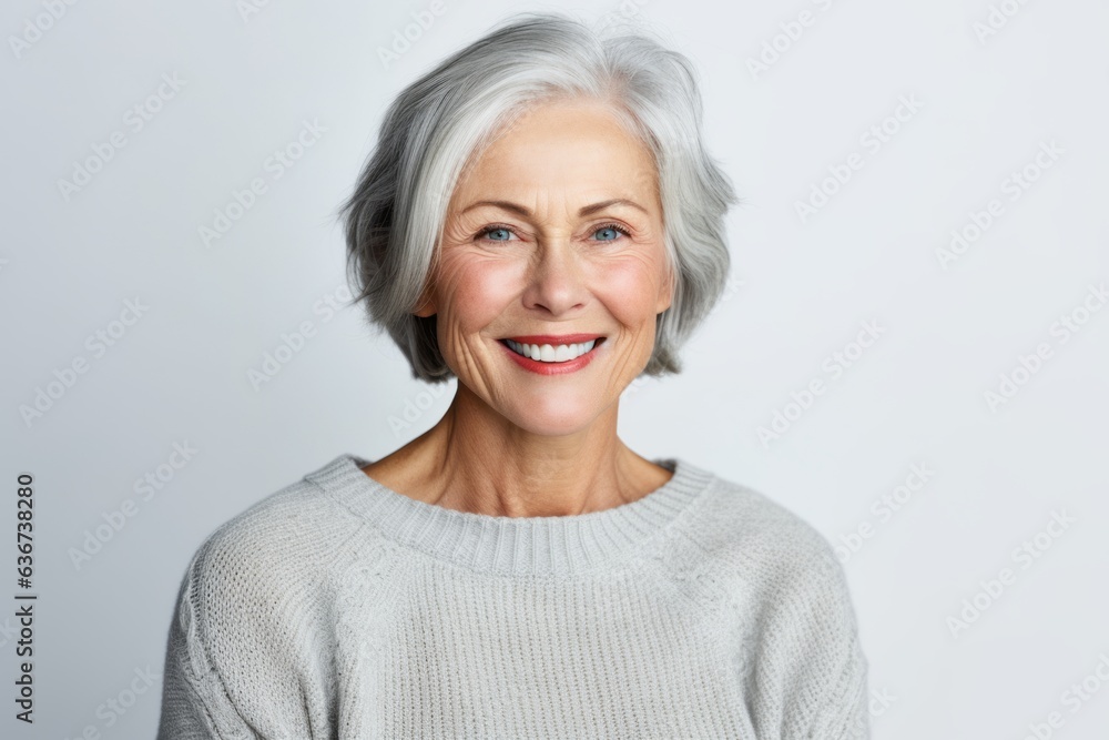 Portrait of a Nigerian woman in her 60s in a white background wearing a cozy sweater Portrait of a Nigerian woman in her 60s in a white background wearing a cozy sweater