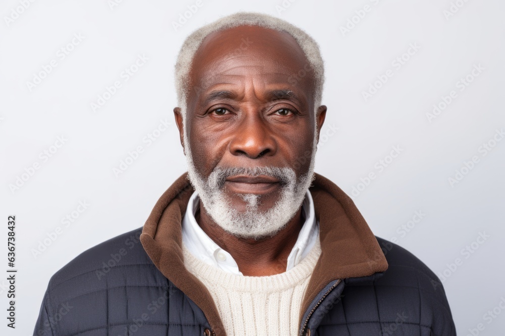 Medium shot portrait of a Nigerian man in his 60s in a white background wearing a chic cardigan Medium shot portrait of a Nigerian man in his 60s in a white background wearing a chic cardigan