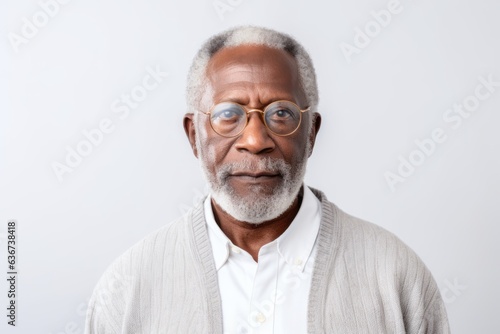 Medium shot portrait of a Nigerian man in his 60s in a white background wearing a chic cardigan