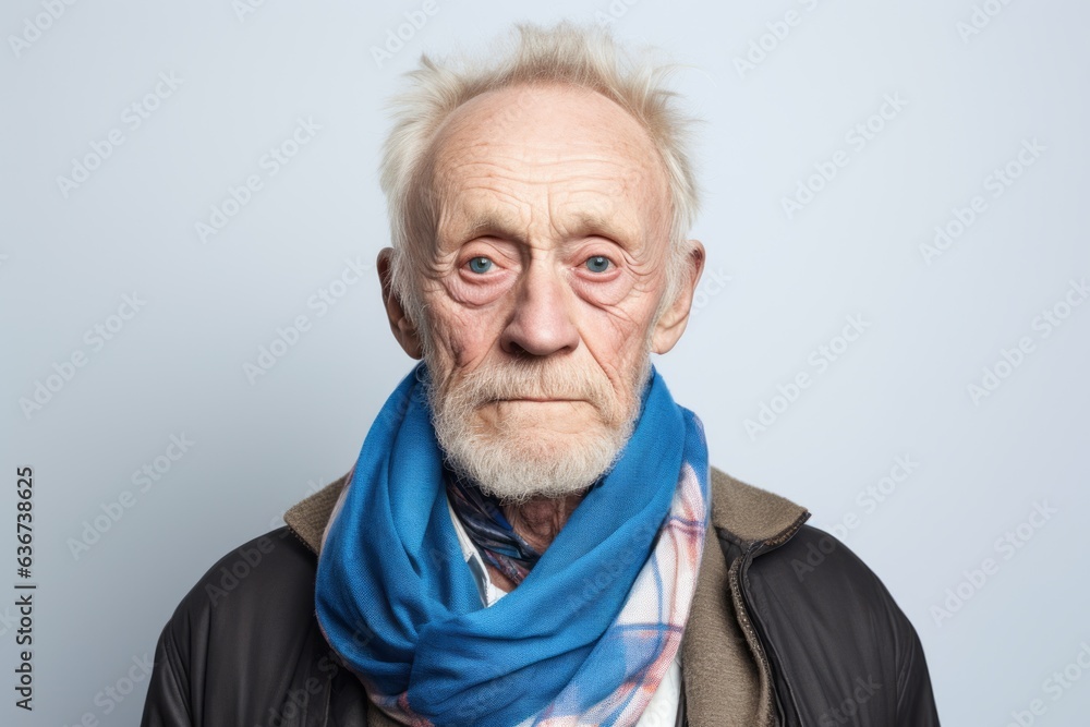 Portrait of a senior man with grey hair and blue scarf looking at camera Portrait of a senior man with grey hair and blue scarf looking at camera