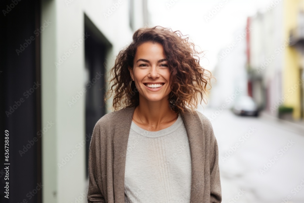 Portrait of a smiling young woman walking in the city with curly hair