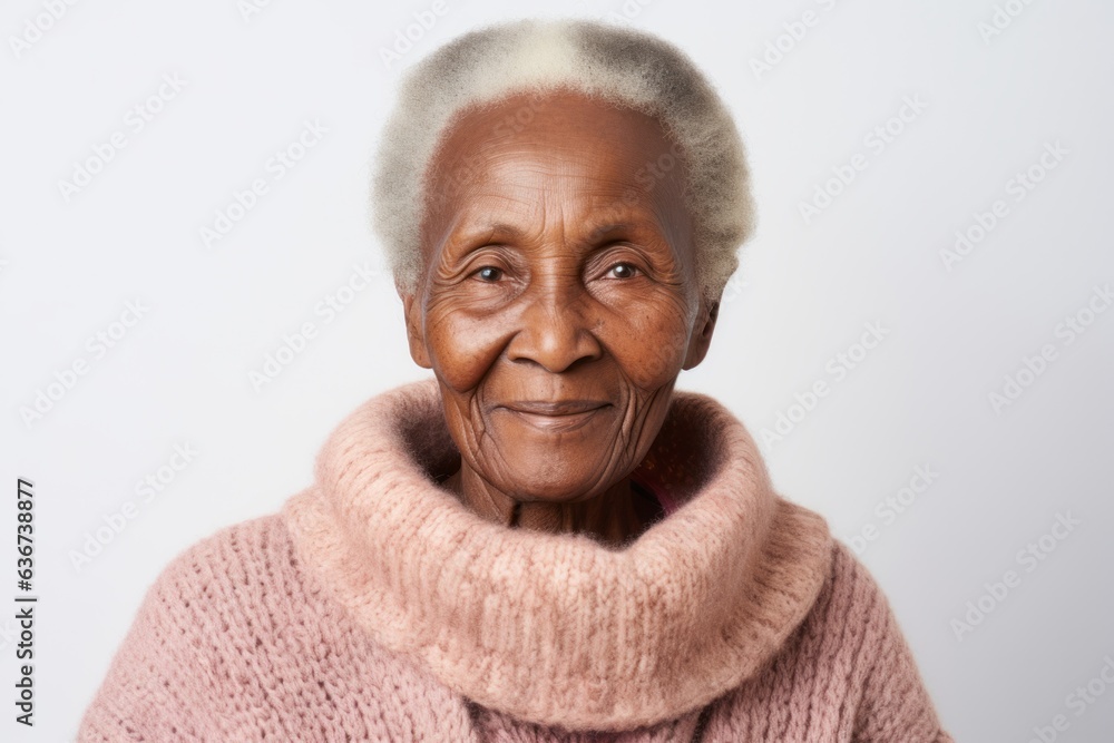 Portrait of a 100-year-old elderly Nigerian woman in a white background wearing a cozy sweater Portrait of a 100-year-old elderly Nigerian woman in a white background wearing a cozy sweater