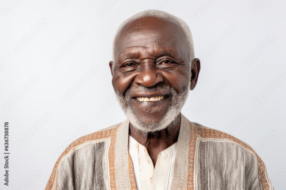 Portrait of a 100-year-old elderly Nigerian man in a white background wearing a chic cardigan Portrait of a 100-year-old elderly Nigerian man in a white background wearing a chic cardigan