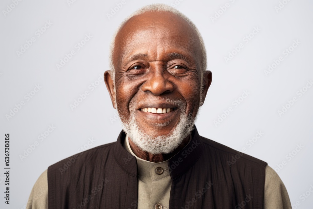 Portrait of a 100-year-old elderly Nigerian man in a white background wearing a chic cardigan Portrait of a 100-year-old elderly Nigerian man in a white background wearing a chic cardigan
