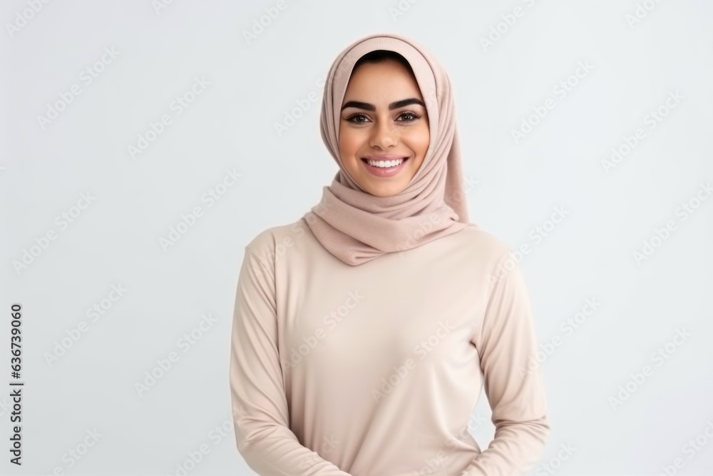 Medium shot portrait of a Saudi Arabian woman in her 30s in a white background wearing a cozy sweater Medium shot portrait of a Saudi Arabian woman in her 30s in a white background wearing a cozy sweater
