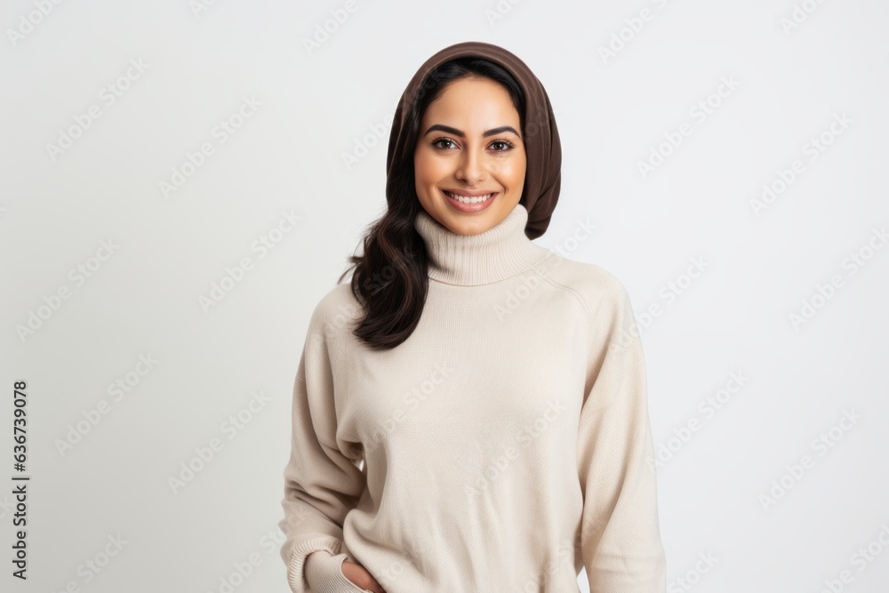 Fototapeta premium Portrait of a Saudi Arabian woman in her 30s in a white background wearing a cozy sweater