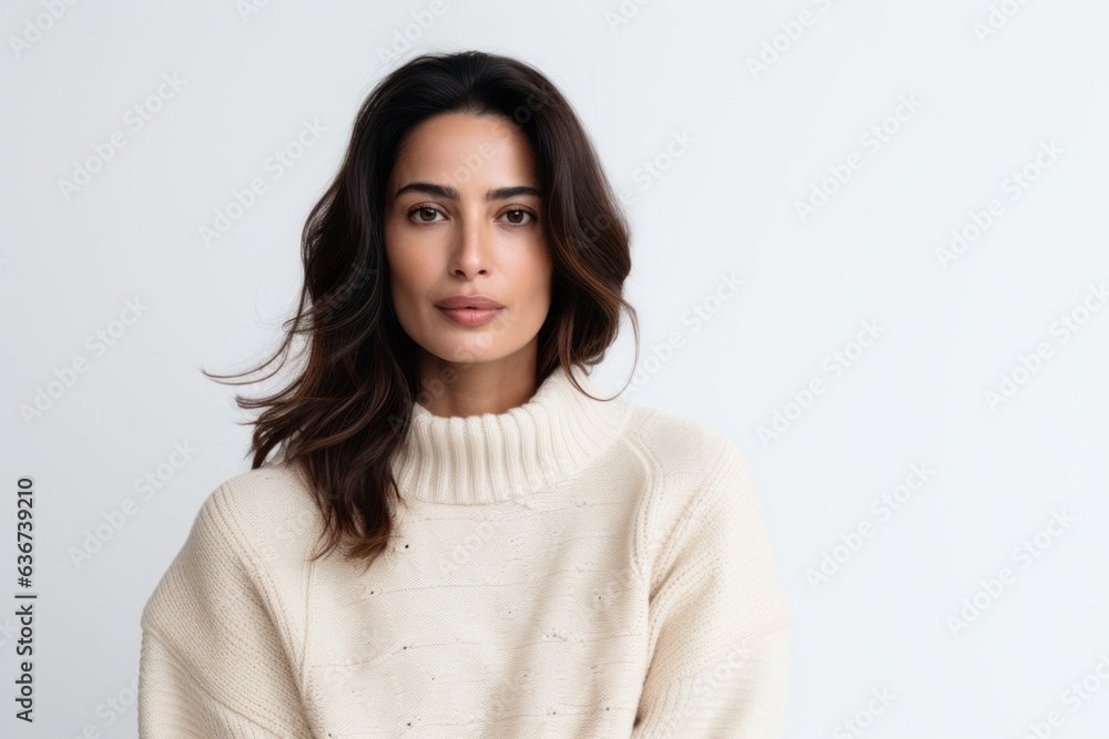 Portrait of a Saudi Arabian woman in her 30s in a white background wearing a cozy sweater Portrait of a Saudi Arabian woman in her 30s in a white background wearing a cozy sweater