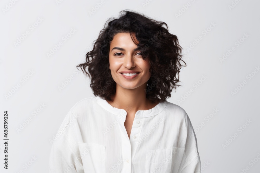 Fototapeta premium Portrait of a Saudi Arabian woman in her 30s in a white background wearing a chic cardigan