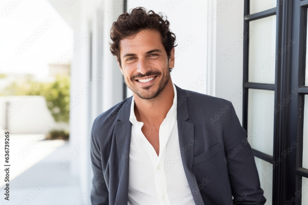 Portrait of smiling businessman in suit standing in doorway at new office Portrait of smiling businessman in suit standing in doorway at new office