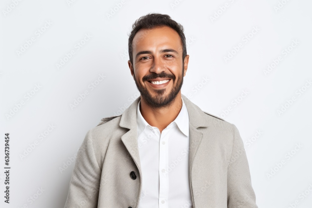 Portrait of a Saudi Arabian man in his 30s in a white background wearing a chic cardigan Portrait of a Saudi Arabian man in his 30s in a white background wearing a chic cardigan