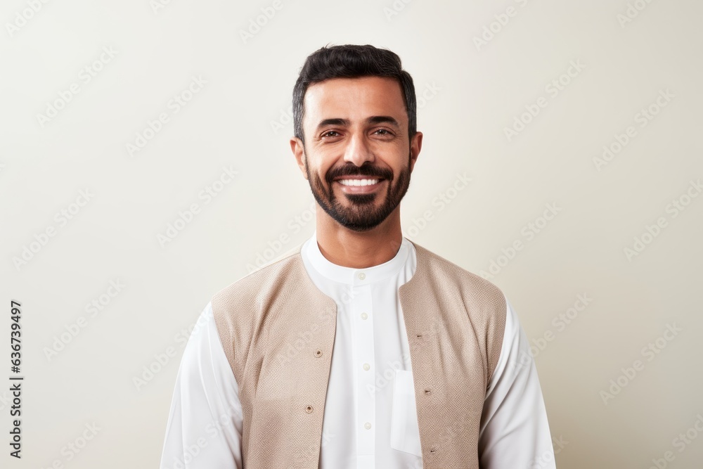 Portrait of a Saudi Arabian man in his 30s in a white background wearing a chic cardigan Portrait of a Saudi Arabian man in his 30s in a white background wearing a chic cardigan