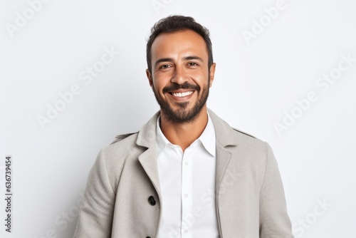 Portrait of a Saudi Arabian man in his 30s in a white background wearing a chic cardigan