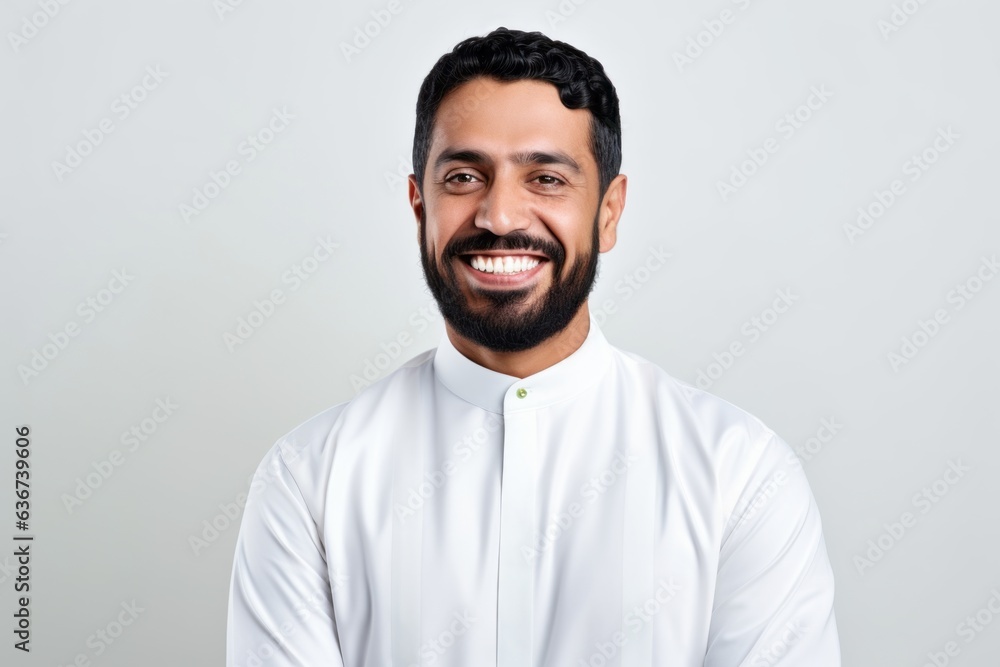 Portrait of a Saudi Arabian man in his 30s in a white background wearing a chic cardigan Portrait of a Saudi Arabian man in his 30s in a white background wearing a chic cardigan