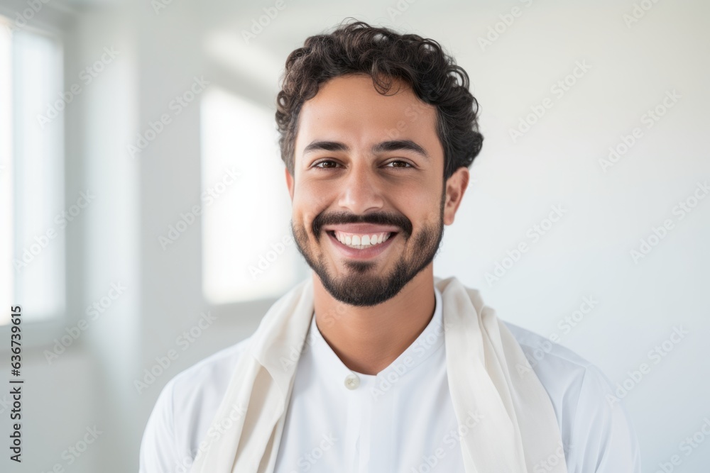 Portrait of a Saudi Arabian man in his 30s in a white background wearing a chic cardigan Portrait of a Saudi Arabian man in his 30s in a white background wearing a chic cardigan